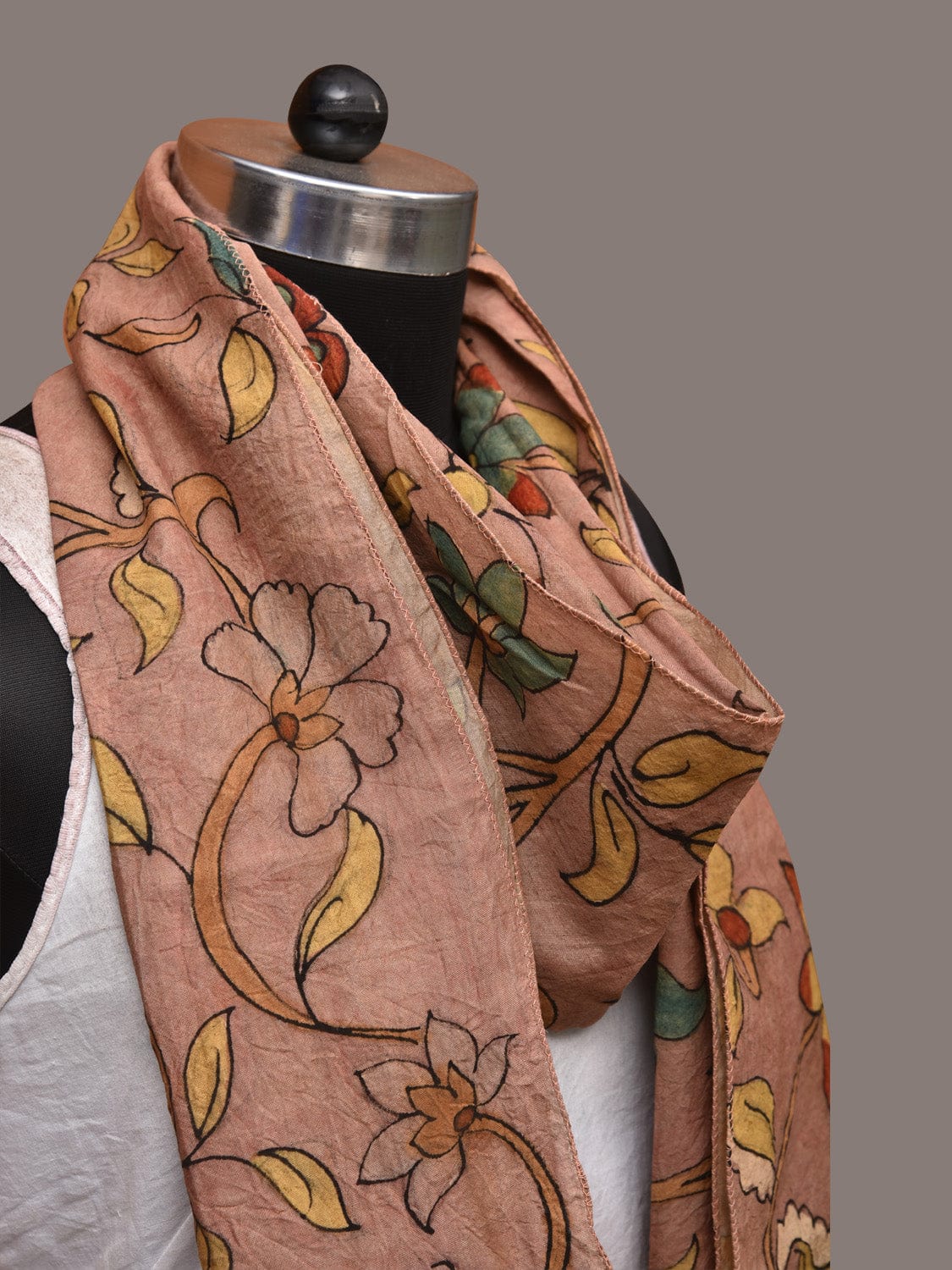 Peach Kalamkari Hand Painted Sico Stole with Floral Design - Global Threads | Grocsy