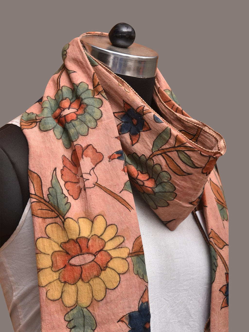 Peach Kalamkari Hand Painted Sico Stole with Floral Design - Global Threads | Grocsy