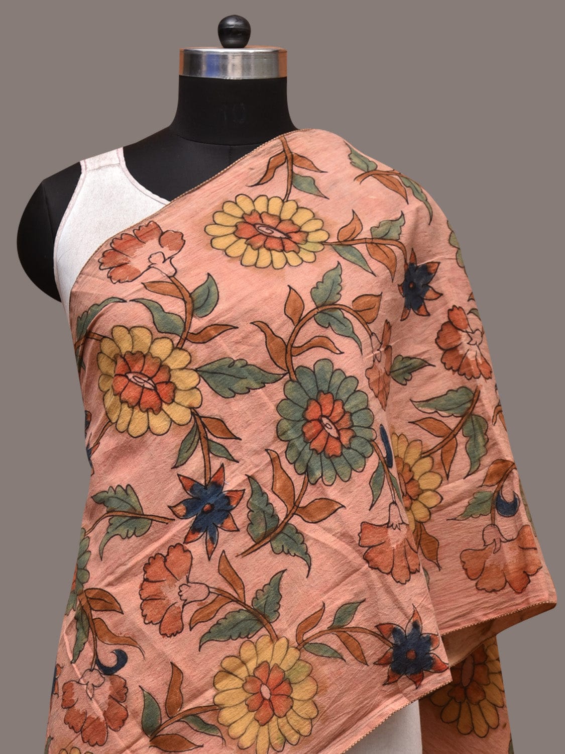 Peach Kalamkari Hand Painted Sico Stole with Floral Design - Global Threads | Grocsy