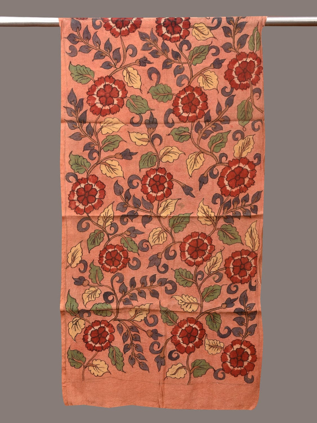 Peach Kalamkari Hand Painted Sico Stole with Flowers Design - Global Threads | Grocsy
