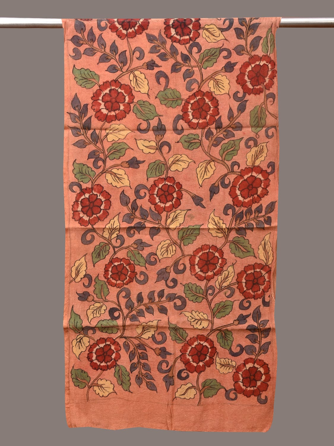 Peach Kalamkari Hand Painted Sico Stole with Flowers Design - Global Threads | Grocsy