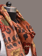 Peach Kalamkari Hand Painted Sico Stole with Flowers Design - Global Threads | Grocsy