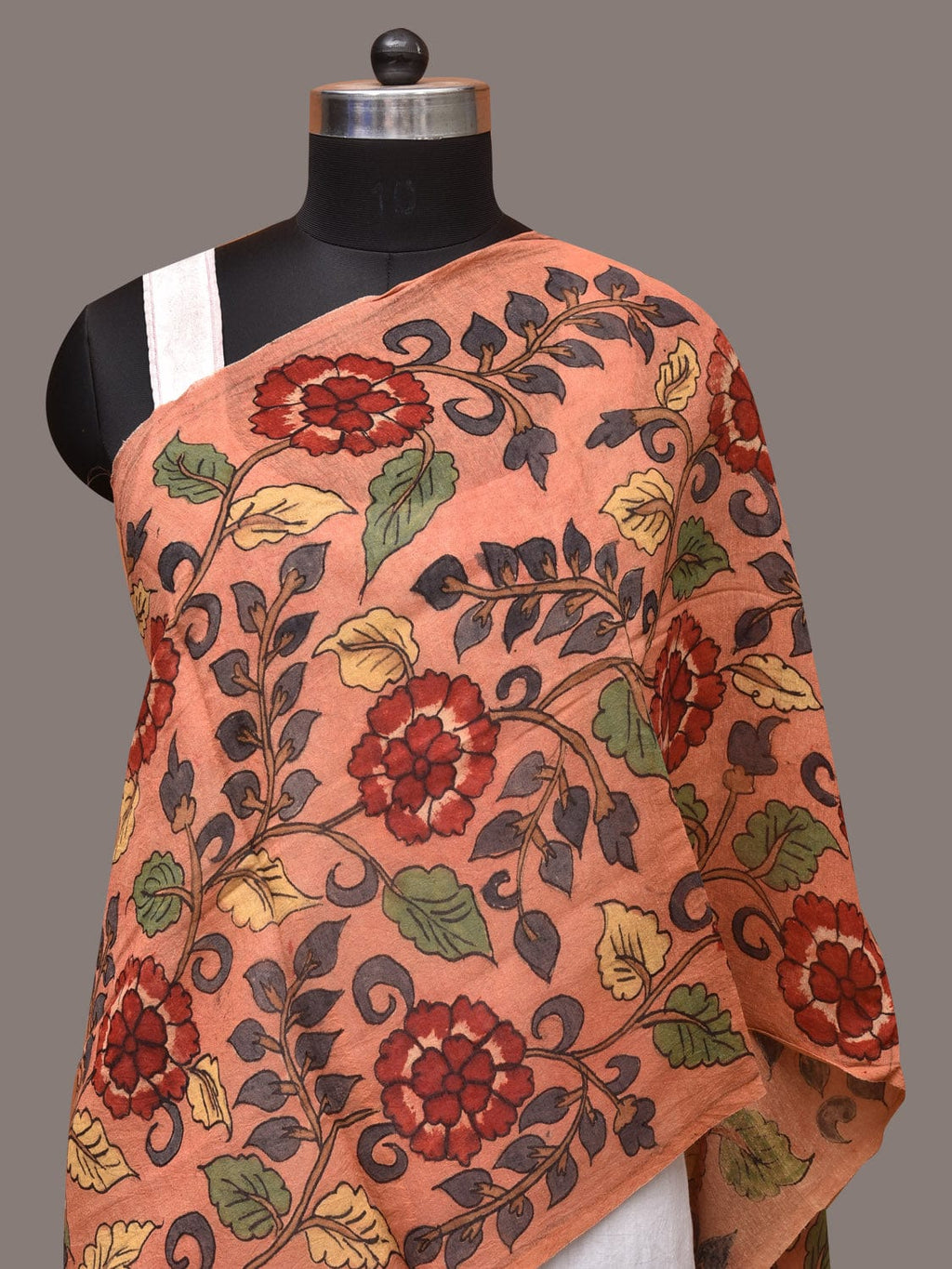Peach Kalamkari Hand Painted Sico Stole with Flowers Design - Global Threads | Grocsy