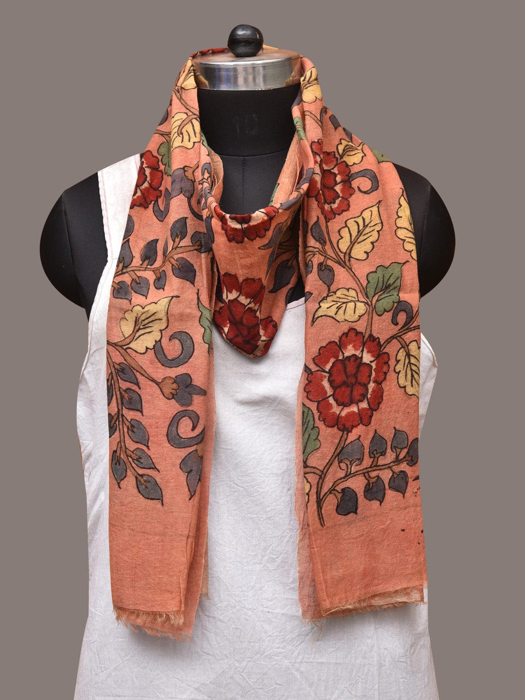 Peach Kalamkari Hand Painted Sico Stole with Flowers Design - Global Threads | Grocsy