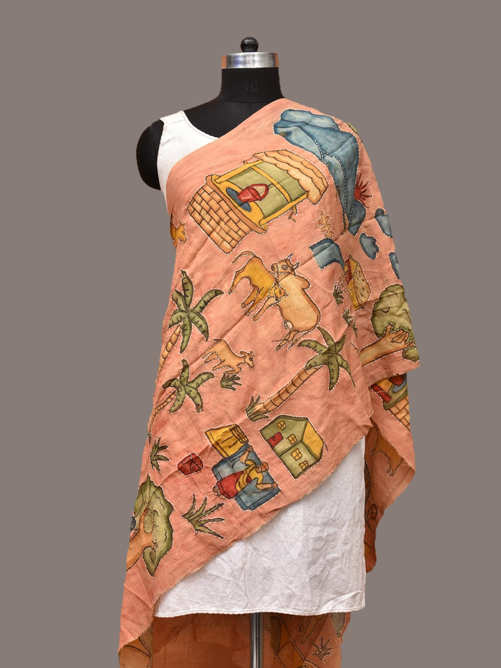 Peach Kalamkari Hand Painted Sico Stole with Village Theme Design - Global Threads | Grocsy