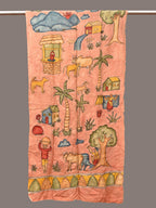 Peach Kalamkari Hand Painted Sico Stole with Village Theme Design - Global Threads | Grocsy