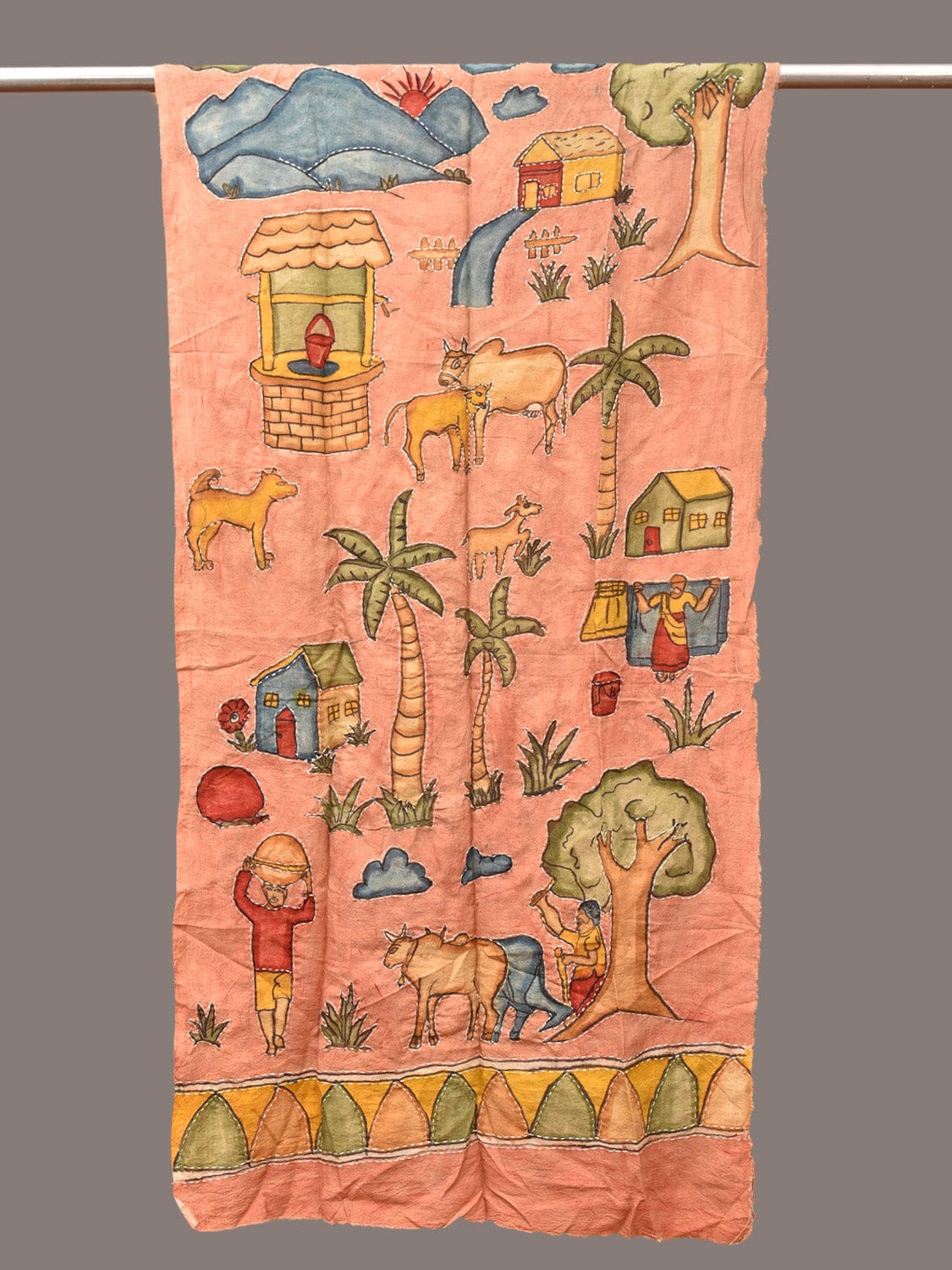 Peach Kalamkari Hand Painted Sico Stole with Village Theme Design - Global Threads | Grocsy