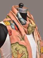 Peach Kalamkari Hand Painted Sico Stole with Village Theme Design - Global Threads | Grocsy