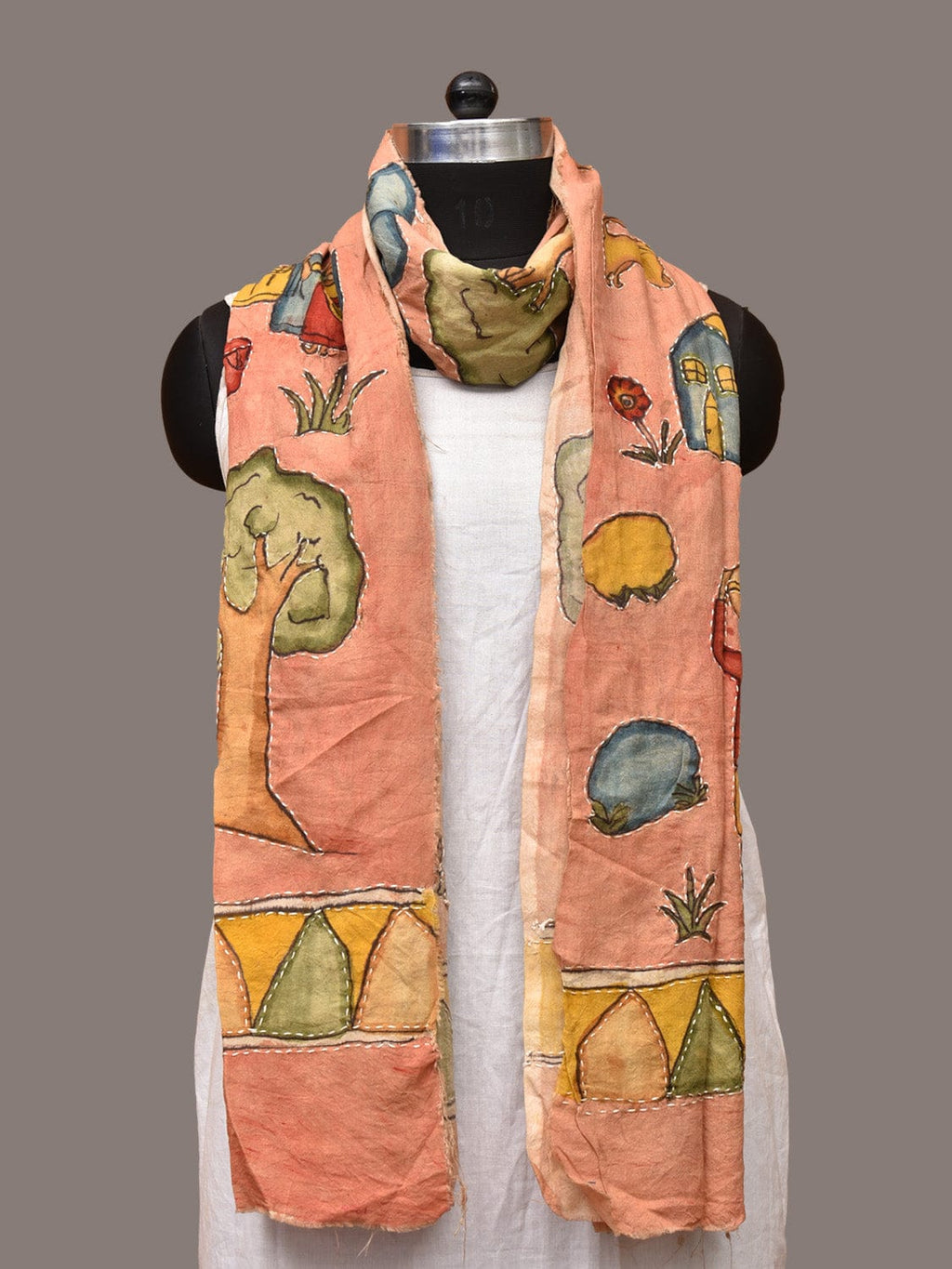 Peach Kalamkari Hand Painted Sico Stole with Village Theme Design - Global Threads | Grocsy