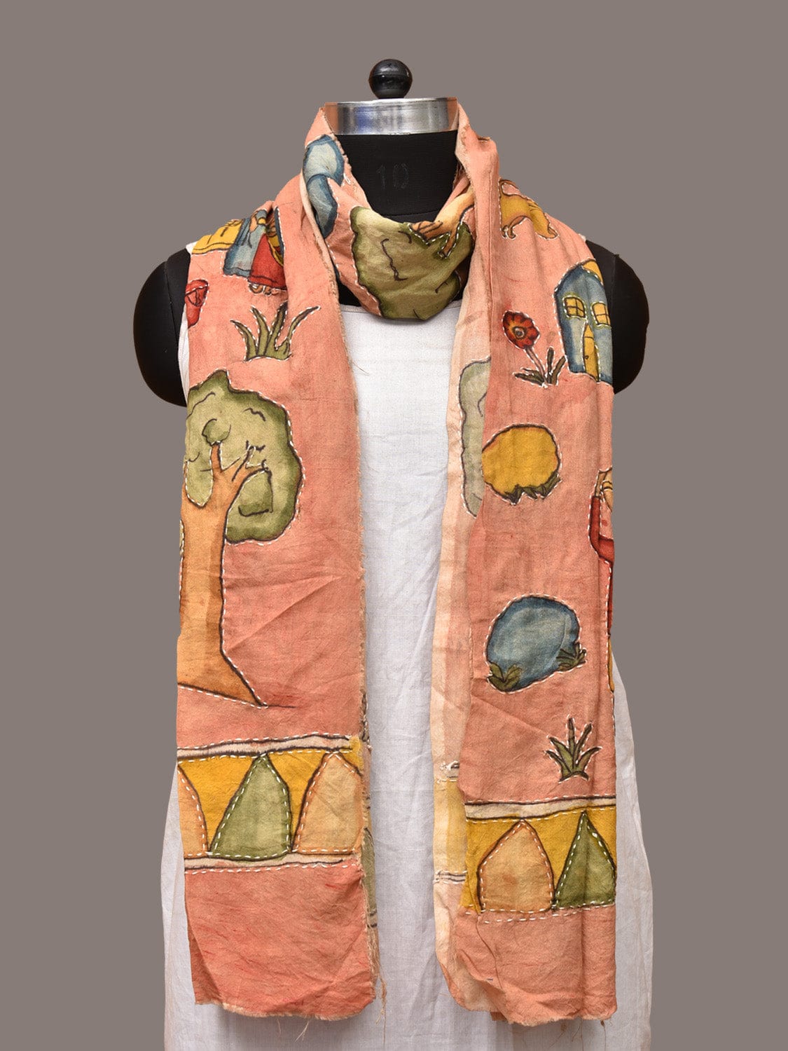 Peach Kalamkari Hand Painted Sico Stole with Village Theme Design - Global Threads | Grocsy