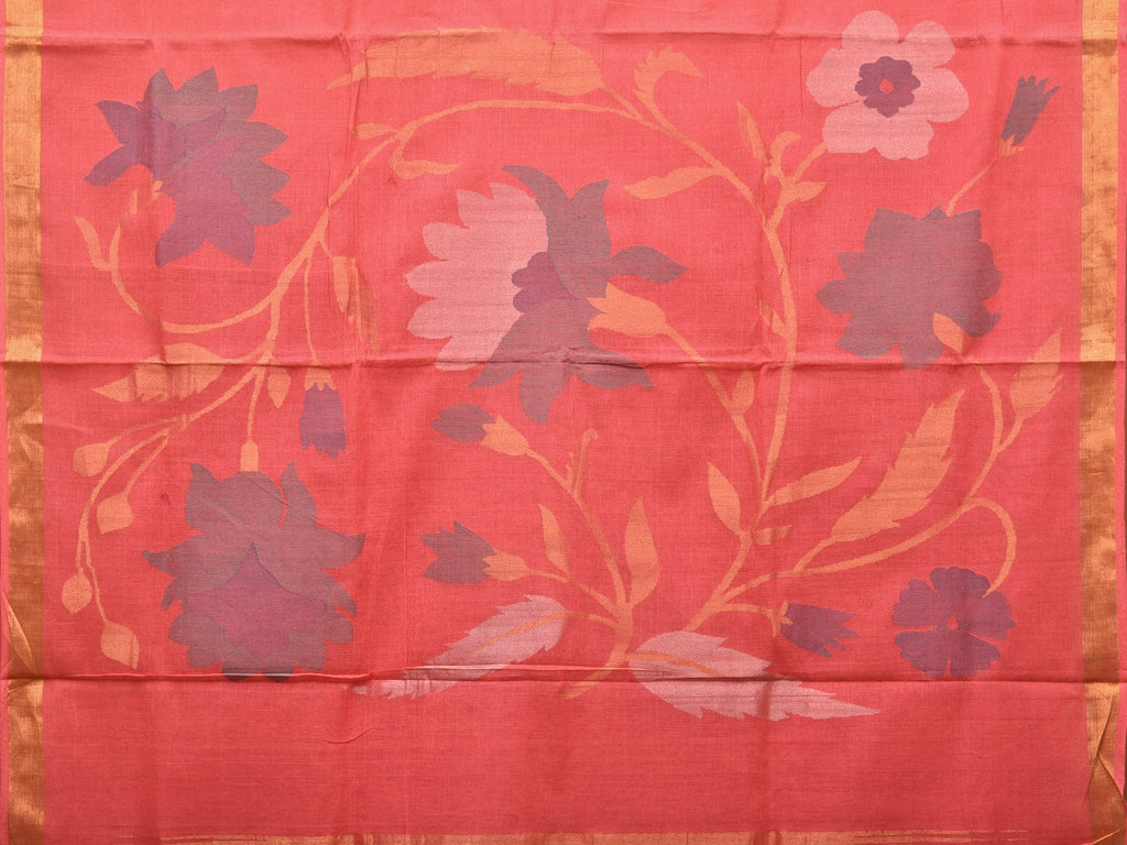 Peach Khadi Cotton Handloom Saree with Big Floral Pallu Design - Global Threads | Grocsy