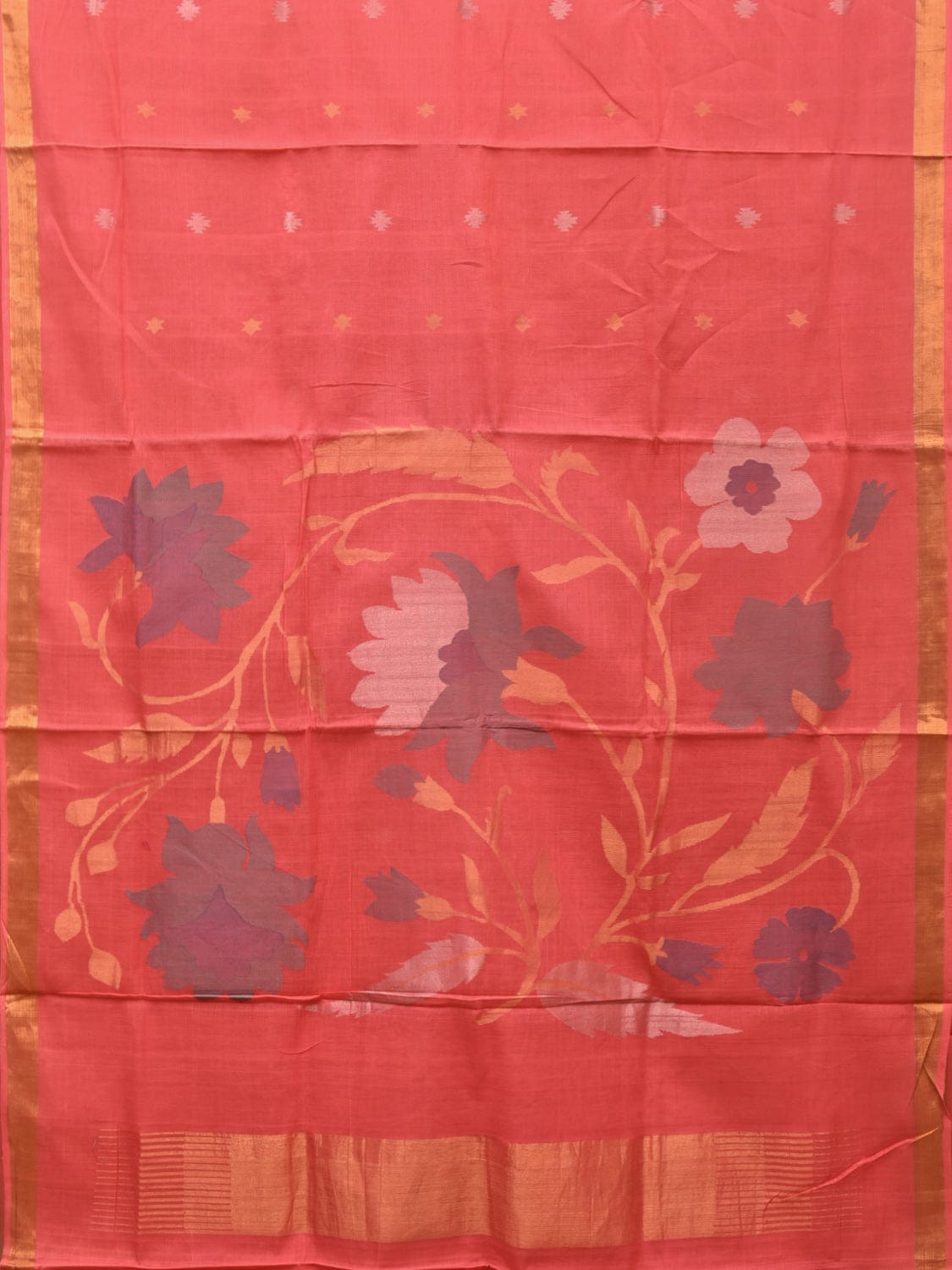 Peach Khadi Cotton Handloom Saree with Big Floral Pallu Design - Global Threads | Grocsy