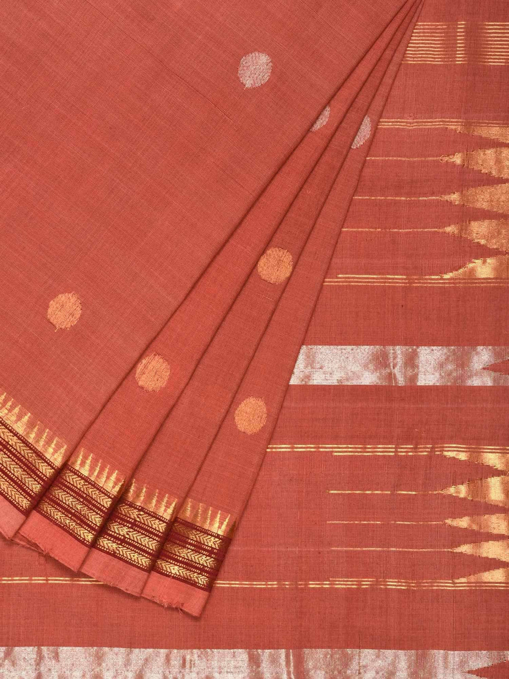 Peach Khadi Cotton Handloom Saree with Buta and Dobi Border Design - Global Threads | Grocsy