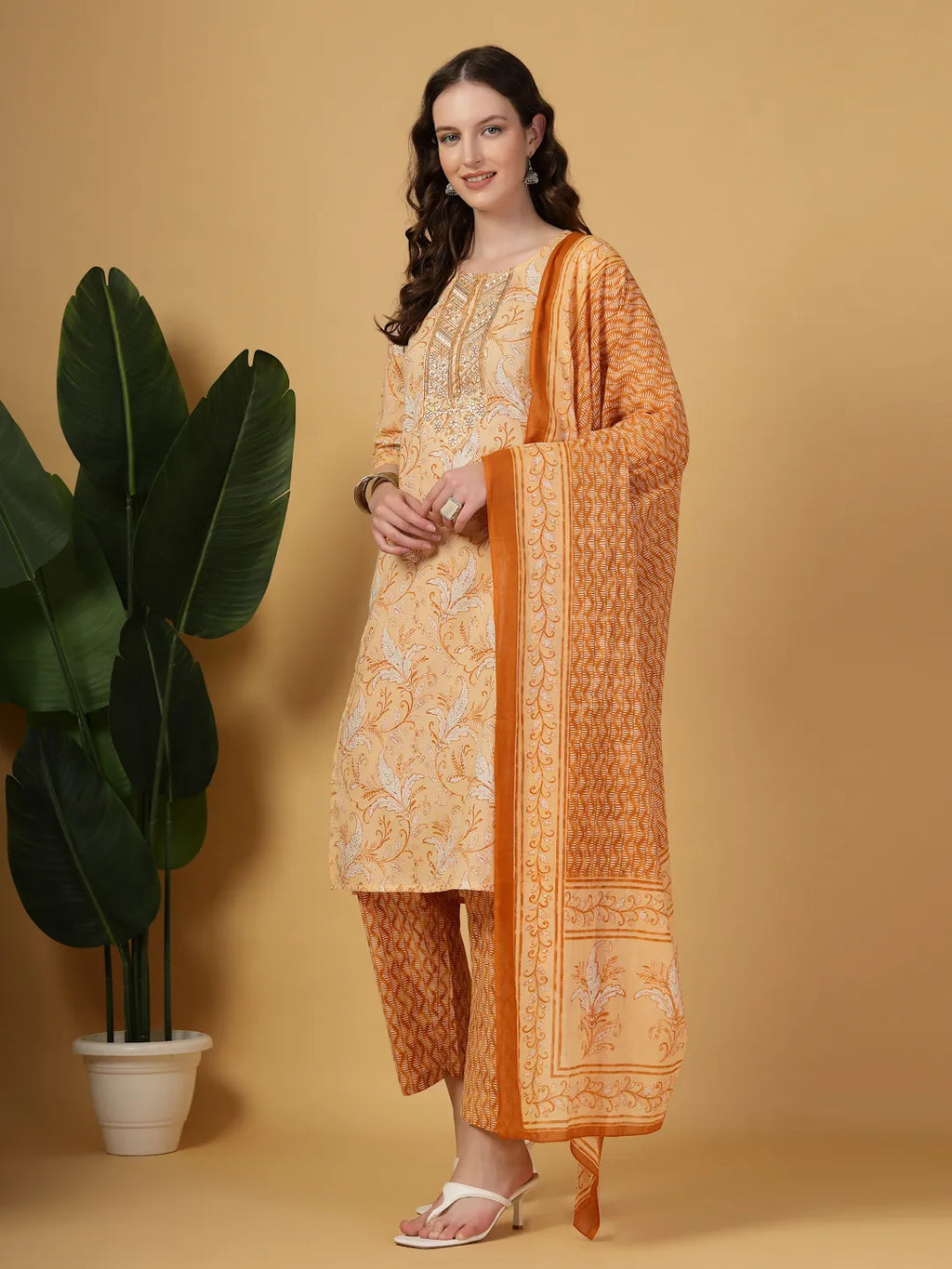 Yufta Peach Pure Cotton Kurta Dupatta Pant Set | Grocsy