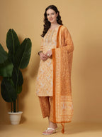 Yufta Peach Pure Cotton Kurta Dupatta Pant Set | Grocsy