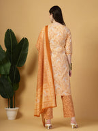 Yufta Peach Pure Cotton Kurta Dupatta Pant Set | Grocsy