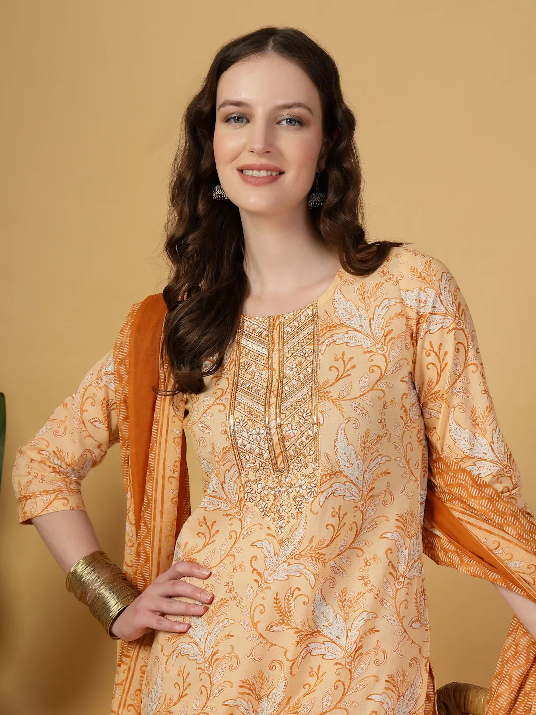 Yufta Peach Pure Cotton Kurta Dupatta Pant Set | Grocsy