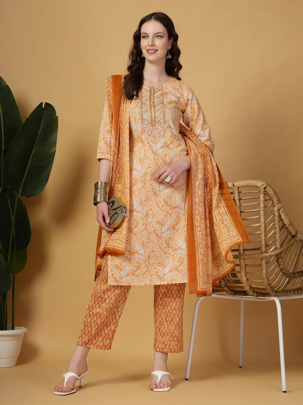 Yufta Peach Pure Cotton Kurta Dupatta Pant Set | Grocsy