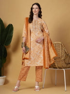 Yufta Peach Pure Cotton Kurta Dupatta Pant Set | Grocsy