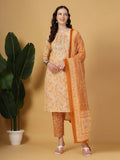 Yufta Peach Pure Cotton Kurta Dupatta Pant Set | Grocsy
