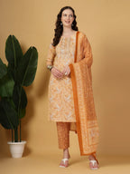 Yufta Peach Pure Cotton Kurta Dupatta Pant Set | Grocsy