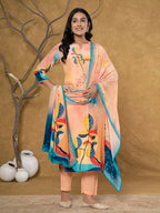 Yufta Peach Pure Crepe Placement Print Band Collar Kurta Dupatta Set | Grocsy