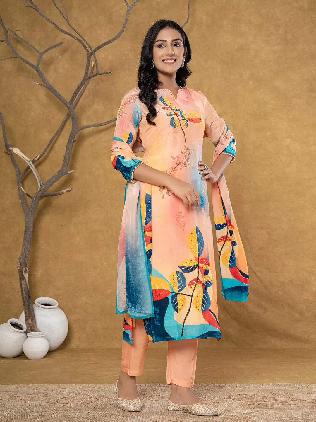 Yufta Peach Pure Crepe Placement Print Band Collar Kurta Dupatta Set | Grocsy
