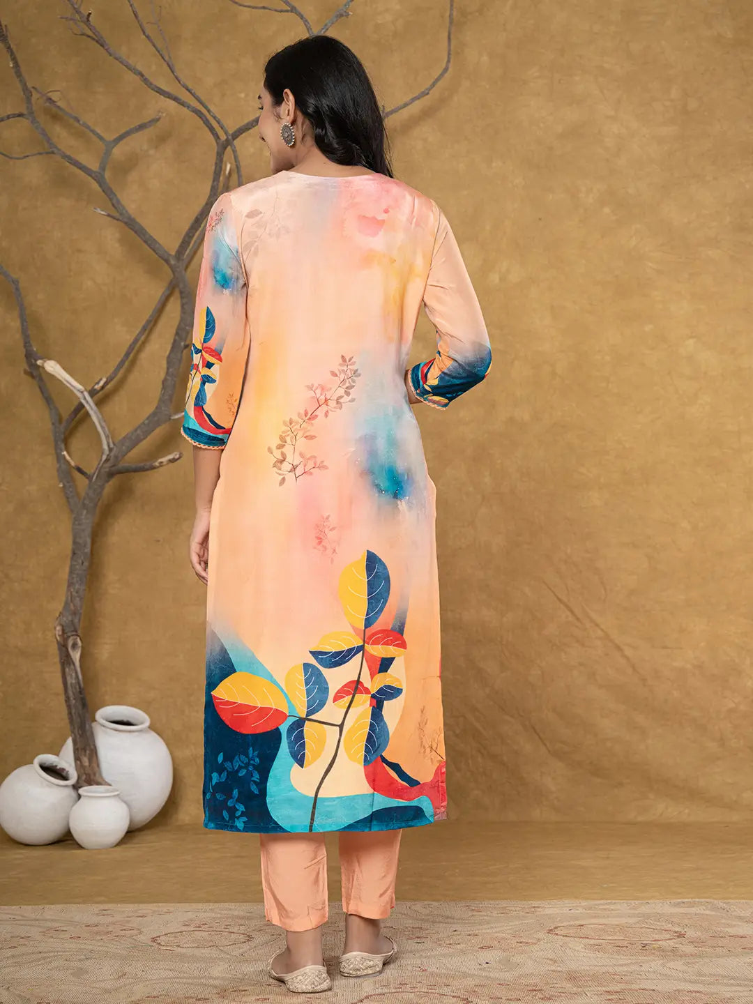 Yufta Peach Pure Crepe Placement Print Band Collar Kurta Dupatta Set | Grocsy