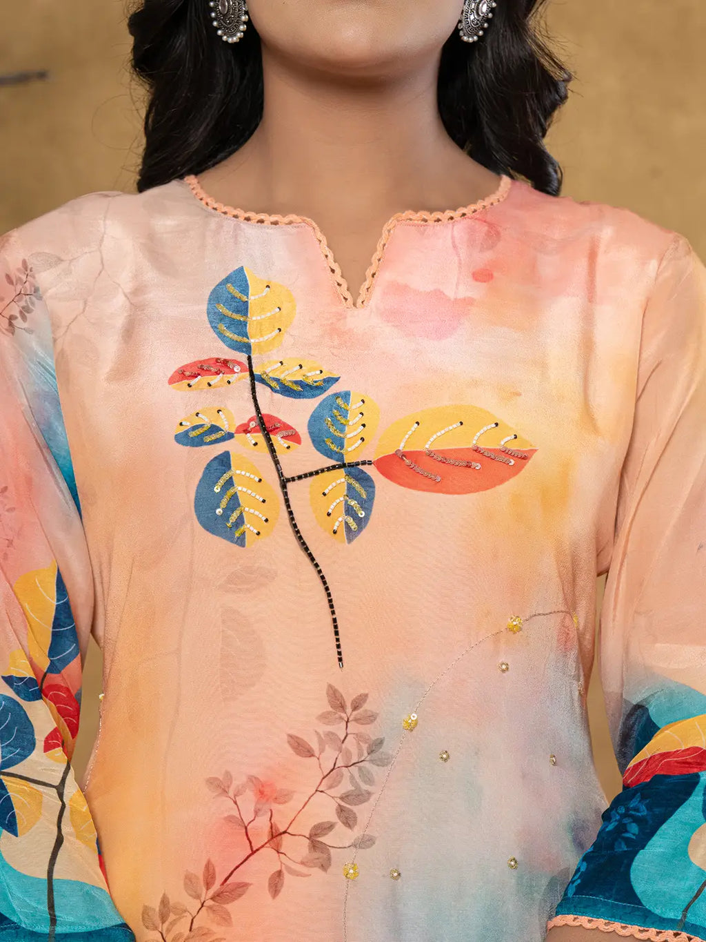 Yufta Peach Pure Crepe Placement Print Band Collar Kurta Dupatta Set | Grocsy