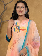Yufta Peach Pure Crepe Placement Print Band Collar Kurta Dupatta Set | Grocsy