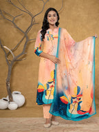 Yufta Peach Pure Crepe Placement Print Band Collar Kurta Dupatta Set | Grocsy