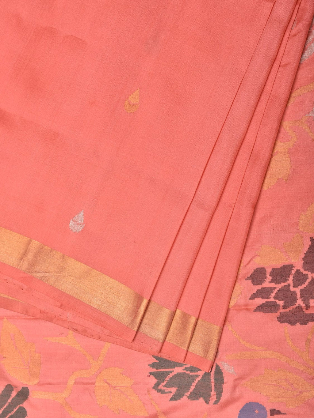 Peach Uppada Silk Handloom Saree with Birds and Floral Pallu Design - Global Threads | Grocsy