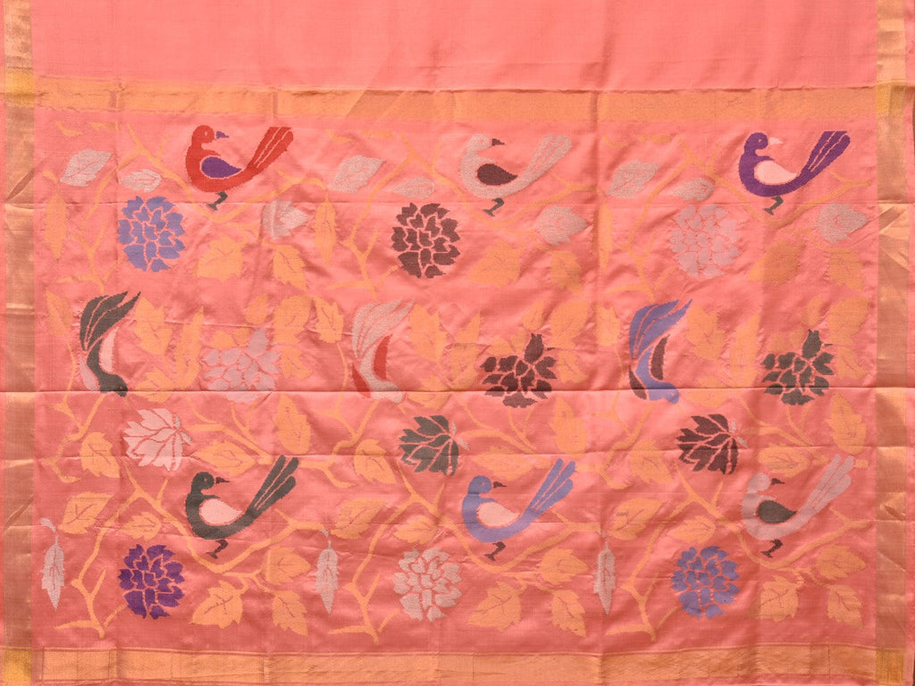 Peach Uppada Silk Handloom Saree with Birds and Floral Pallu Design - Global Threads | Grocsy