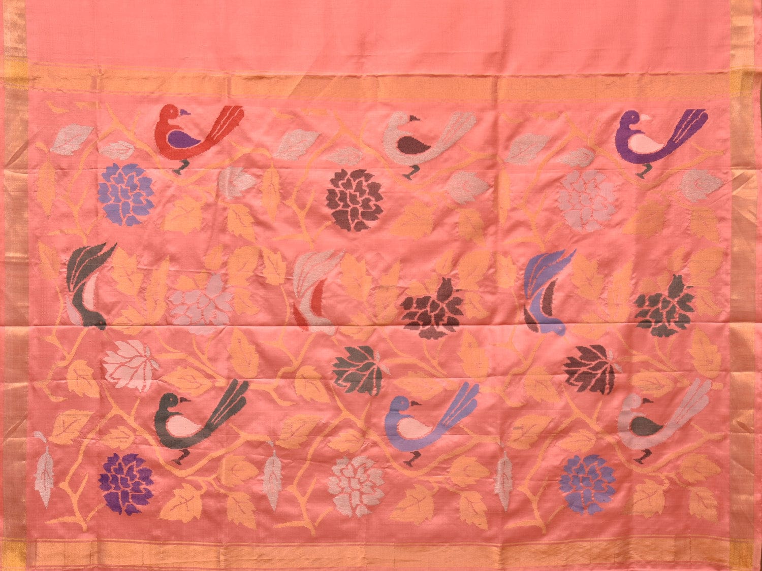 Peach Uppada Silk Handloom Saree with Birds and Floral Pallu Design - Global Threads | Grocsy