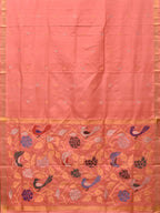 Peach Uppada Silk Handloom Saree with Birds and Floral Pallu Design - Global Threads | Grocsy