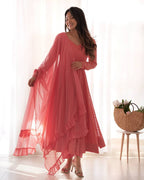 Evanik Peach Heavy Faux Georgette With Lucknowi Work Anarkali Suit | Grocsy