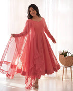 Evanik Peach Heavy Faux Georgette With Lucknowi Work Anarkali Suit | Grocsy