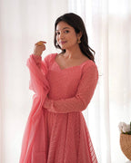Evanik Peach Heavy Faux Georgette With Lucknowi Work Anarkali Suit | Grocsy
