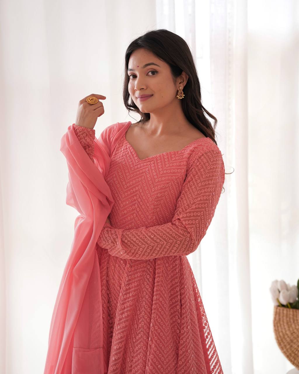 Evanik Peach Heavy Faux Georgette With Lucknowi Work Anarkali Suit | Grocsy