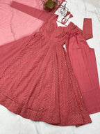 Evanik Peach Heavy Faux Georgette With Lucknowi Work Anarkali Suit | Grocsy