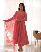 Evanik Peach Heavy Faux Georgette With Lucknowi Work Anarkali Suit | Grocsy