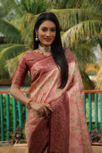 Anaita Peach Woven Design Pure Kanjivaram Soft Satin Silk Saree With Blouse | Grocsy