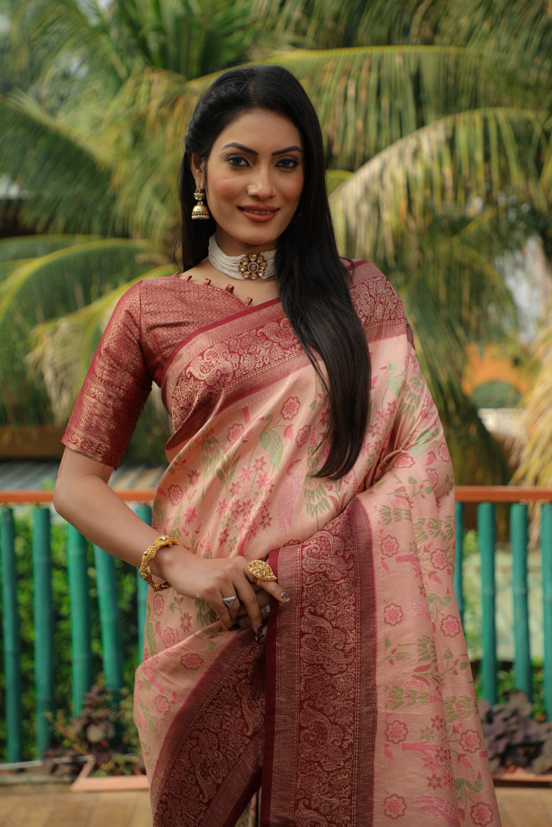 Anaita Peach Woven Design Pure Kanjivaram Soft Satin Silk Saree With Blouse | Grocsy