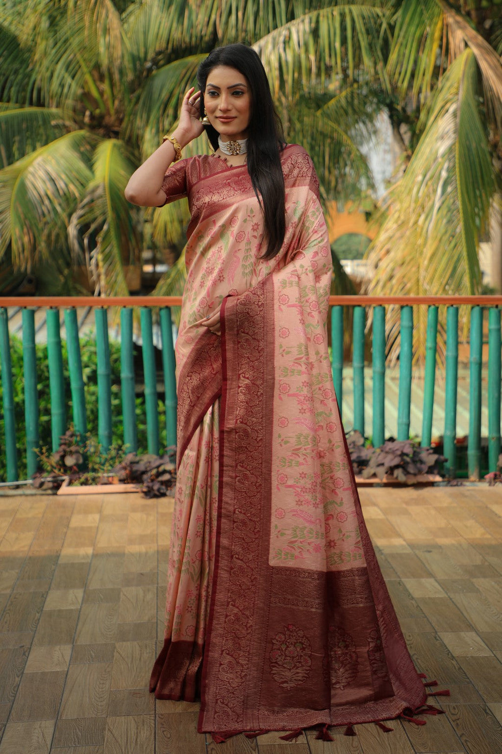 Anaita Peach Woven Design Pure Kanjivaram Soft Satin Silk Saree With Blouse | Grocsy