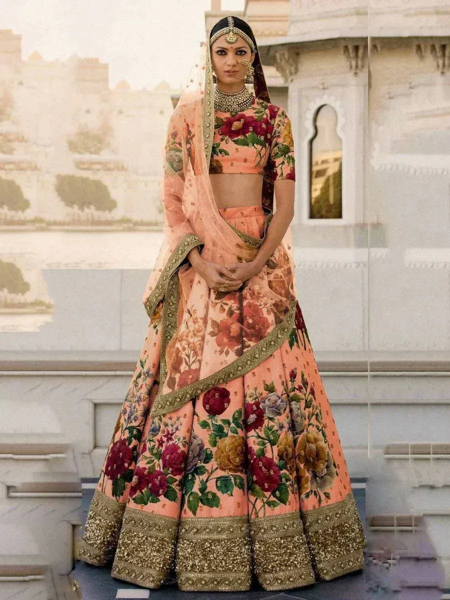 Tulsi Art Peach Floral Digital Printed Art Silk Bridal Lehenga Choli | Grocsy