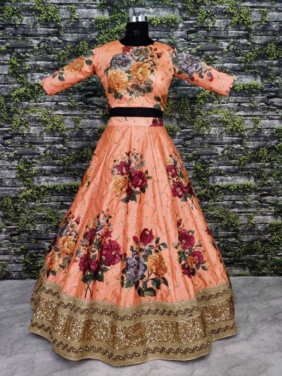 Tulsi Art Peach Floral Digital Printed Art Silk Bridal Lehenga Choli | Grocsy