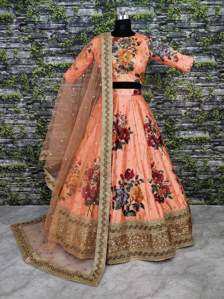 Tulsi Art Peach Floral Digital Printed Art Silk Bridal Lehenga Choli | Grocsy