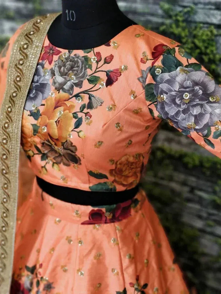 Tulsi Art Peach Floral Digital Printed Art Silk Bridal Lehenga Choli | Grocsy