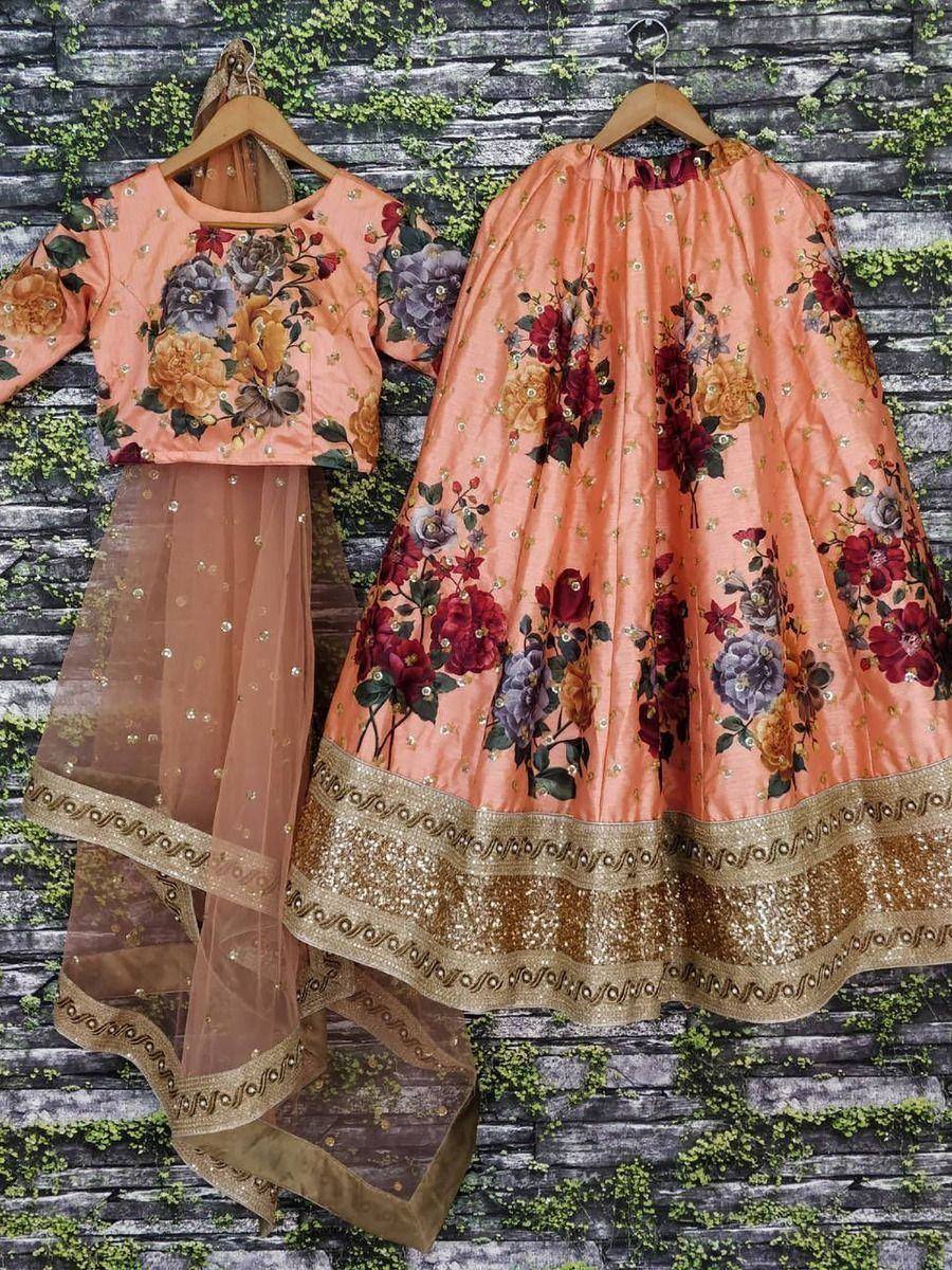 Tulsi Art Peach Floral Digital Printed Art Silk Bridal Lehenga Choli | Grocsy