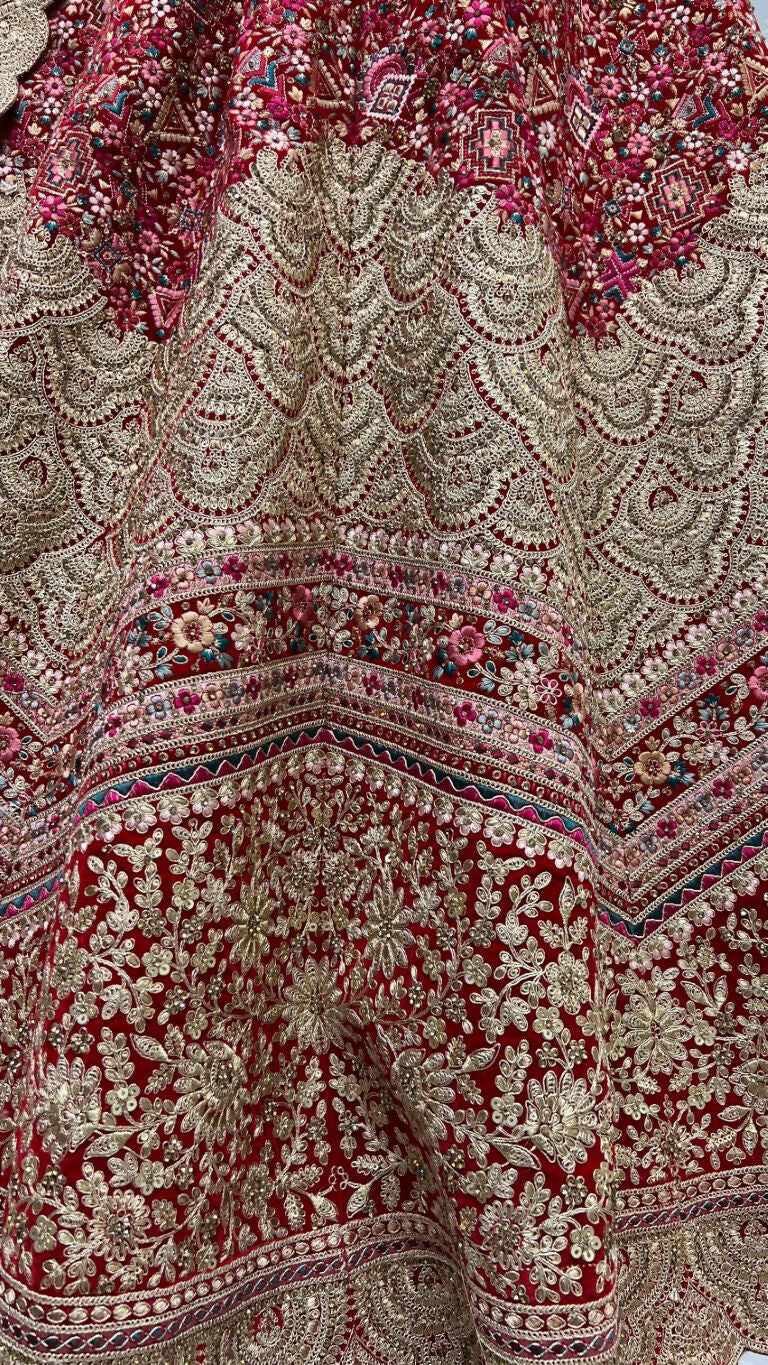 Jyoti Fashion Women's Red Velvet Fancy Dori & Sequins Multi Thread Embroidered with Diamond Work Wedding Lehenga Choli | Grocsy